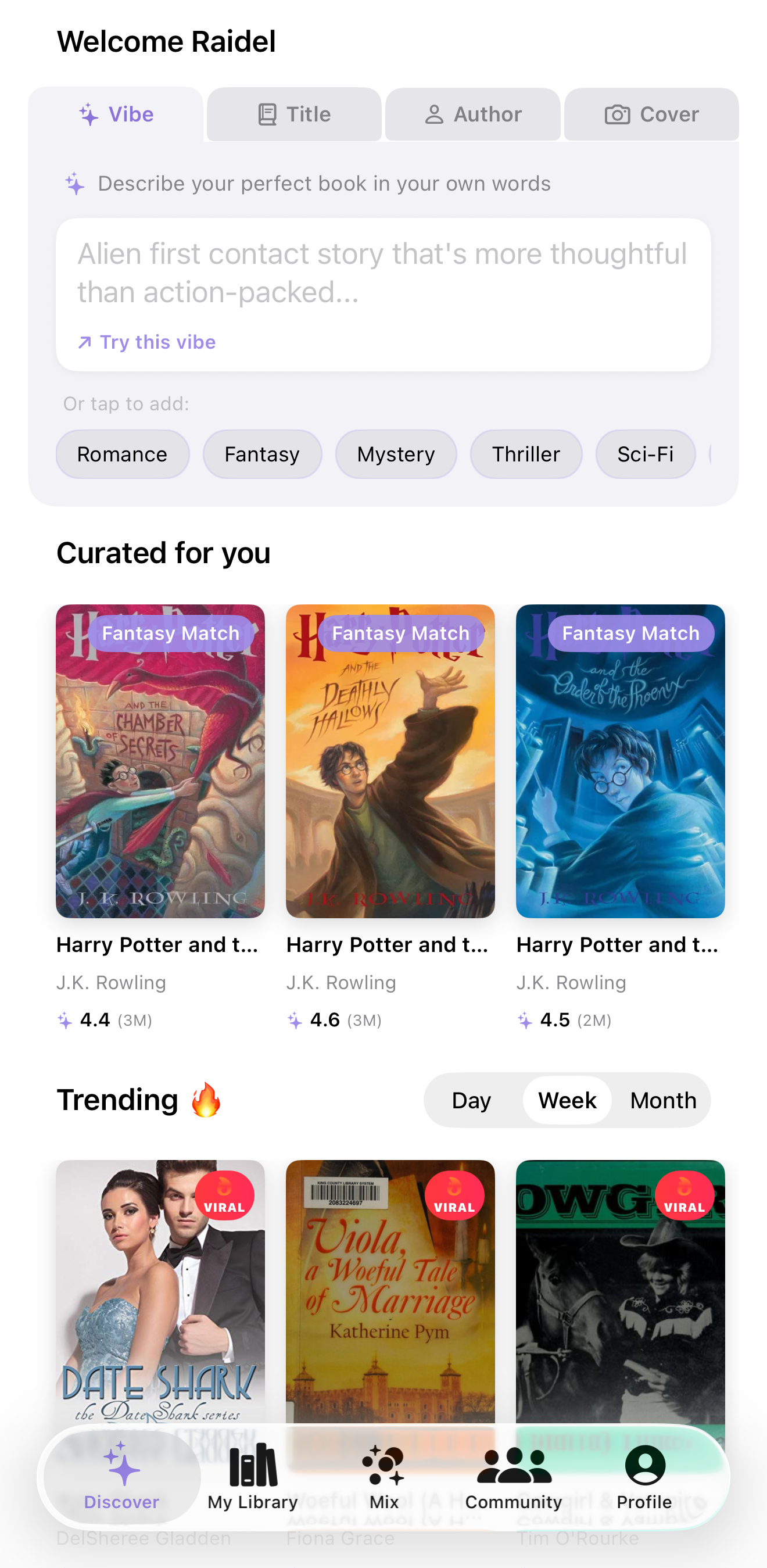 VibeReads home with curated recommendations and trending books